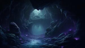 Geode cavern with misty water and biolumenesent frogs