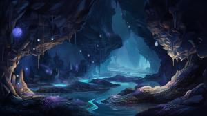 Geode cavern with misty water and biolumenesent frogs