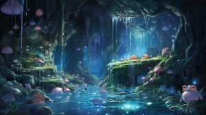 Crystal cave with water and crystal frogs