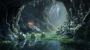 Crystal cave with water and crystal frogs