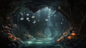 Crystal cave with water and crystal frogs