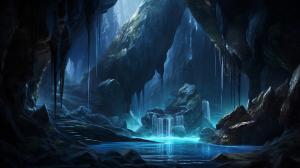 Crystal cave with waterfall