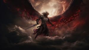 Archangel Michael fighting Satan in the clouds, with lighting and blood moon in background.