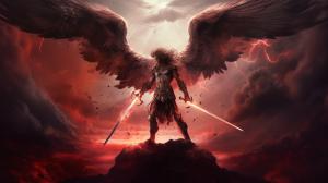 Archangel Michael fighting Satan in the clouds, with lighting and blood moon in background.