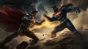 Mortal kombat vs dc universe fighting in the milky way galaxy with superman and scorpion in the for front.