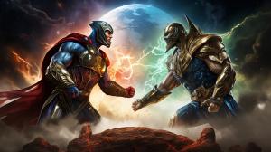 Mortal kombat vs dc universe fighting in the milky way galaxy with superman and scorpion in the for front.