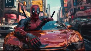 Deadpool driving a Lamborghini through times square on a bright and busy day