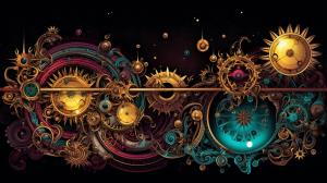 blend vibrant cosmic elemants with intricate steampunk machinery set against a twilight backdrop. Incorporate celestial bodies, interwoven with gears, and closckwork mechanisms. Let the gears appear as they're turning the fabric of the universe. Ensure the overall composition of a fusion of the mystical and mechanical.