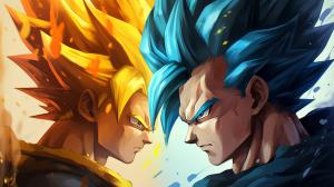 Vegito and gogeta, dragon ball z, dragon ball super. Blue hair, side by side, masterpiece, teamwork, fighting stance, gogeta has a vest that is black and on the shoulder guards are yellow, vegito has earings on his ears