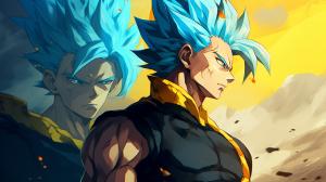 Vegito and gogeta, dragon ball z, dragon ball super. Blue hair, side by side, masterpiece, teamwork, fighting stance, gogeta has a vest that is black and on the shoulder guards are yellow, vegito has earings on his ears