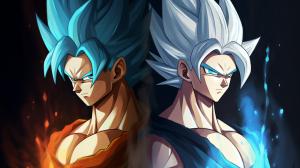 Vegito and gogeta, dragon ball super. Both are using super saiyan blue, side by side, masterpiece, teamwork, cool poses, rivals, shining aura, outfits from the anime, gogeta has a vest that is black and on the shoulder guards are yellow, gogeta has 1 hair bang, vegito has 2 hair bangs