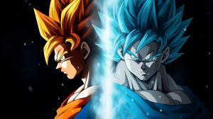 Vegito and gogeta, dragon ball super. Both are using super saiyan blue, side by side, masterpiece, teamwork, cool poses, rivals, shining aura, outfits from the anime, gogeta has a vest that is black and on the shoulder guards are yellow, gogeta has 1 hair bang, vegito has 2 hair bangs