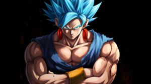 Vegito from dragon ball z, arms crossed, blue hair, masterpiece , goku and vegeta in background, transparent background, confident, cocky, shining blue aura, muscles, potara earings from dragon ball z on both of vegitos ears,