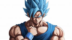 Vegito from dragon ball z, arms crossed, blue hair, masterpiece , goku and vegeta in background, transparent background, confident, cocky, shining blue aura, muscles, potara earings from dragon ball z on both of vegitos ears,