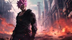 Goku black, divine, pink hair, godly purple aura, destroyed city, pose, dynamic, flames, smug, merciless, HD, dragon ball super, masterpiece