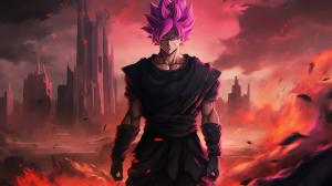 Goku black, divine, pink hair, godly purple aura, destroyed city, pose, dynamic, flames, smug, merciless, HD, dragon ball super, masterpiece