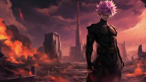 Goku black, divine, pink hair, godly purple aura, destroyed city, pose, dynamic, flames, smug, merciless, HD, dragon ball super, masterpiece