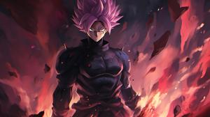 Goku black, divine, pink hair, godly purple aura, destroyed city, pose, dynamic, flames, smug, merciless, HD, dragon ball super, masterpiece, evil, shining purple aura, goku black gi, divine justice, blood,