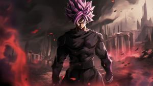 Goku black, divine, pink hair, godly purple aura, destroyed city, pose, dynamic, flames, smug, merciless, HD, dragon ball super, masterpiece, evil, shining purple aura, goku black gi, divine justice, blood,