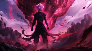 Goku black, divine, pink hair, godly purple aura, destroyed city, pose, dynamic, flames, grining,, merciless, HD, dragon ball super, masterpiece, evil, shining purple aura, red belt, divine justice, energy scythe, pink scythe, phycopath