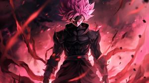 Goku black, divine, pink hair, godly purple aura, destroyed city, pose, dynamic, flames, grining,, merciless, HD, dragon ball super, masterpiece, evil, shining purple aura, red belt, divine justice, energy scythe, pink scythe, phycopath