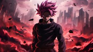 Goku black, divine, pink hair, godly purple aura, destroyed city, pose, dynamic, flames, grining,, merciless, HD, dragon ball super, masterpiece, evil, shining purple aura, red belt, divine justice, energy scythe, pink scythe, phycopath