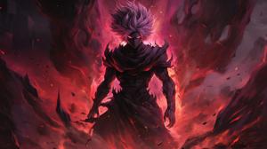 Goku black, divine, pink hair, godly purple aura, destroyed city, pose, dynamic, flames, grining,, merciless, HD, dragon ball super, masterpiece, evil, shining purple aura, red belt, divine justice, energy scythe, pink scythe, phycopath