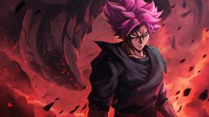 Goku black, divine, super saiyan, pink hair, godly purple aura, destroyed city, pose, dynamic, flames, grining, merciless, HD, dragon ball super, masterpiece, evil, shining purple aura, red belt, divine justice, energy scythe, pink scythe, detailed face, detailed background, detailed scythe, detailed hair