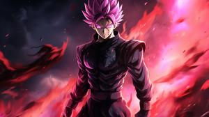 Goku black, divine, super saiyan, pink hair, godly purple aura, destroyed city, pose, dynamic, flames, grining, merciless, HD, dragon ball super, masterpiece, evil, shining purple aura, red belt, divine justice, energy scythe, pink scythe, detailed face, detailed background, detailed scythe, detailed hair