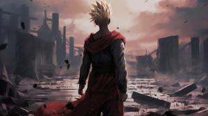 Future gohan, super saiyan, destroyed city, raining,1 armed,dark sky, goku clothes, serious, torn clothes, exhausted, heroic, last stand, desperate, masterpiece, beaten up, blood, iconic pose