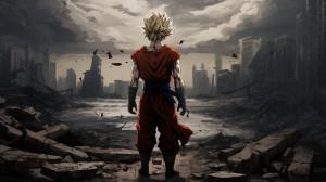 Future gohan, super saiyan, destroyed city, raining,1 armed,dark sky, goku clothes, serious, torn clothes, exhausted, heroic, last stand, desperate, masterpiece, beaten up, blood, iconic pose, anime style