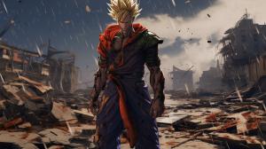 Future gohan, super saiyan, destroyed city, raining, lost 1 arm,dark rainy sky, goku clothes, serious, torn clothes, exhausted, heroic, last stand, masterpiece, beaten up, blood, iconic pose, anime style, dragon ball z