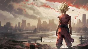 Future gohan, super saiyan, destroyed city, raining, lost 1 arm,dark rainy sky, goku clothes, serious, torn clothes, exhausted, heroic, last stand, masterpiece, beaten up, blood, hopeful pose, anime, dragon ball z