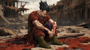 Future gohan resisting defeat,gloomy, super saiyan, destroyed city, raining, has 1 arm,dark rainy sky, goku clothes, serious, torn clothes, exhausted, heroic, masterpiece, beaten up, blood, fighting pose, anime, dragon ball z future gohan, details,