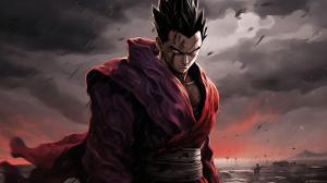 Future gohan resisting defeat,gloomy, super saiyan, destroyed city, raining, has 1 arm,dark rainy sky, goku clothes, serious, torn clothes, exhausted, heroic, masterpiece, beaten up, blood, fighting pose, anime, dragon ball z future gohan, details,