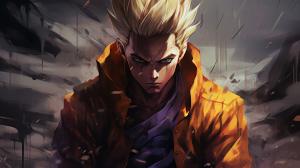 Future gohan resisting defeat,gloomy, super saiyan,yellow hair destroyed city, raining, has 1 arm,dark rainy sky, goku clothes, serious, torn clothes, exhausted, heroic, masterpiece, beaten up, blood, fighting pose, anime, dragon ball z future gohan, details,