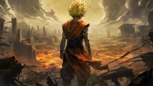 Future gohan resisting defeat,gloomy, super saiyan,yellow hair destroyed city, raining, has 1 arm,dark rainy sky, goku clothes, serious, torn clothes, exhausted, heroic, masterpiece, beaten up, blood, fighting pose, anime, dragon ball z future gohan, details,