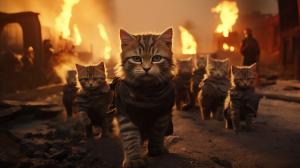 Creey Cute psycho Cats are the last Survivors on earth after they won the last battle against Humans, Predators and Gremmlins.  4k uhd Ultrarealistk cinematic epic