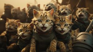 Creey Cute psycho Cats are the last Survivors on earth after they won the last battle against Humans, Predators and Gremmlins.  4k uhd Ultrarealistk cinematic epic