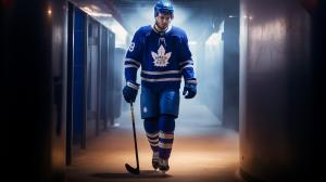 Toronto maple leaf hockey player with number 98 on the back and the name BURGER walking down tunnel to the ice rink for the game