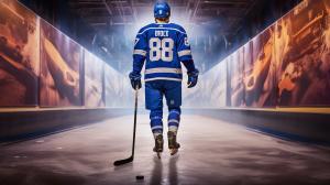 Toronto maple leaf hockey player with number 98 on the back and the name BURGER walking down tunnel to the ice rink for the game