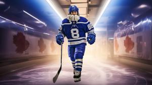 Toronto maple leaf hockey player with number 98 on the back and the name BURGER walking down tunnel to the ice rink for the game