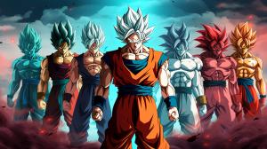 Goku, different tranformations in background, base form, super Saiyan, super Saiyan 2, super Saiyan 3, super Saiyan 4, super Saiyan god, super Saiyan blue, super Saiyan blue kaioken, ultra intinct omen, mastered ultra instinct, fighting stance, confident smile, masterpiece, perfect details, refections of forms, white background, water floor, calm water, reflections in water