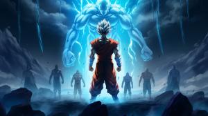 Goku, different tranformations in background, base form, super Saiyan, super Saiyan 2, super Saiyan 3, super Saiyan 4, super Saiyan god, super Saiyan blue, super Saiyan blue kaioken, ultra intinct omen, mastered ultra instinct, fighting stance, confident smile, masterpiece, perfect details, refections of forms, white background, water floor, calm water, reflections in water