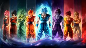 Goku, different tranformations in background, base form, super Saiyan, super Saiyan 2, super Saiyan 3, super Saiyan 4, super Saiyan god, super Saiyan blue, super Saiyan blue kaioken, ultra intinct omen, mastered ultra instinct, fighting stance, confident smile, masterpiece, perfect details, refections of forms, white background, water floor, calm water, reflections in water