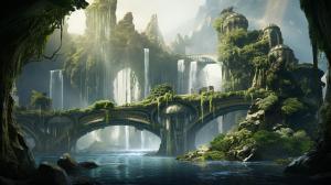 Elven floating island cities with waterfalls and vines