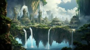 Elven floating island cities with waterfalls and vines