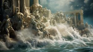 Atlantis above watercrashing wavesStatues