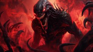 Xenomorph mutated with venom. Fighting batman in a cosmic sea of ​​skulls during a red sunset