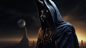 Anubis horror Egipt at night dark priest planets at background souls photorealism